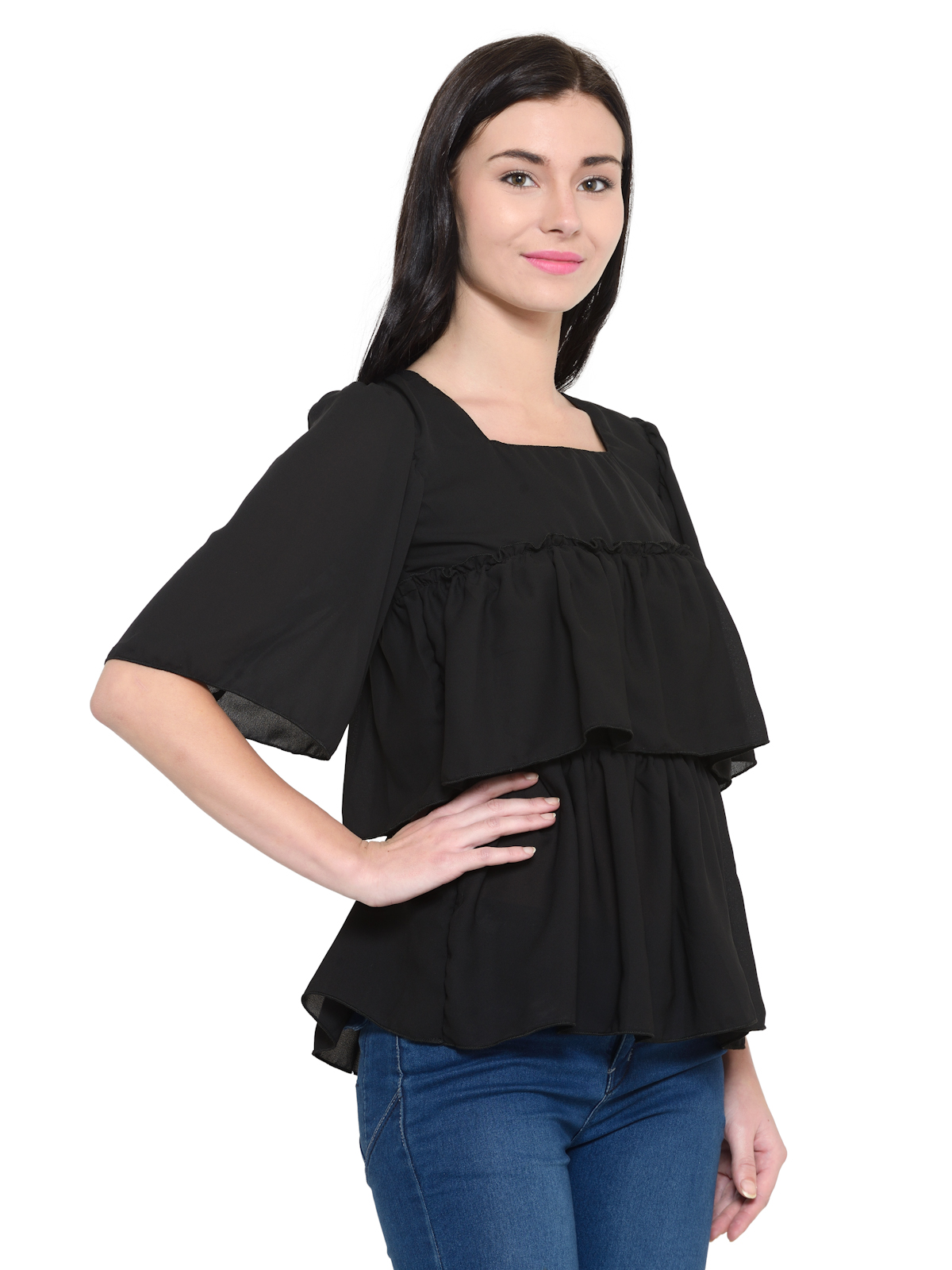 Square neck short sleeves ruffle top